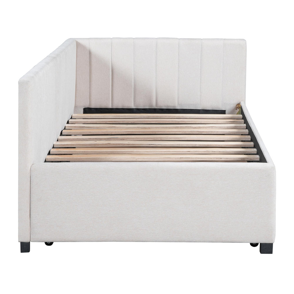 Beige Linen Upholstered Daybed with Trundle Twin Size R92542