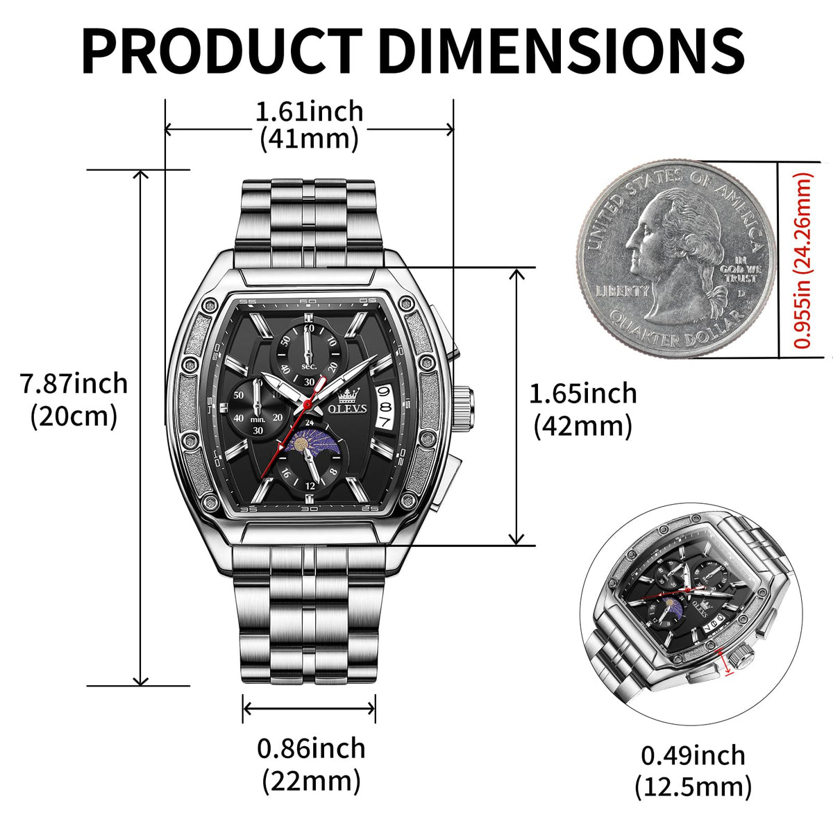 Men Big Square Face Chronograph Stainless Steel Dress Watch H3860