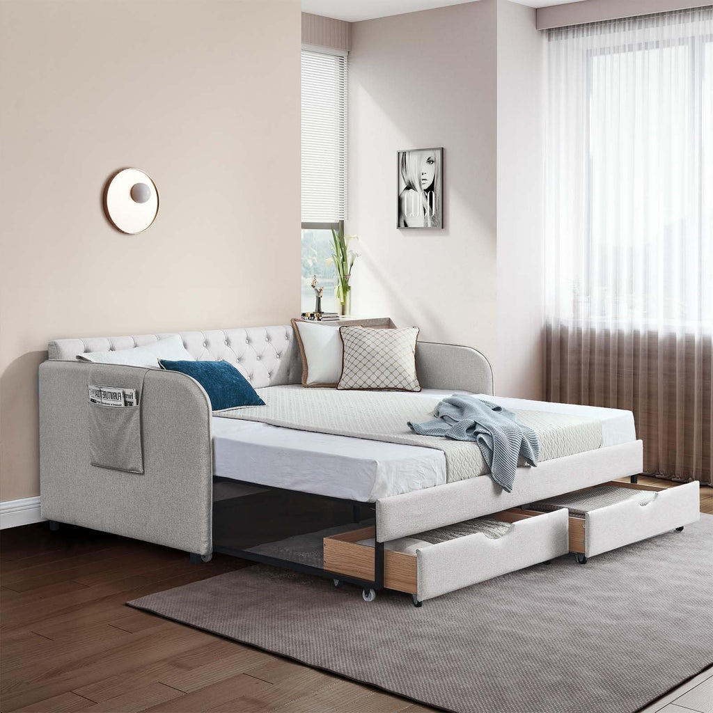80.5" Button Tufted Linen Daybed with Drawer and Trundle T683