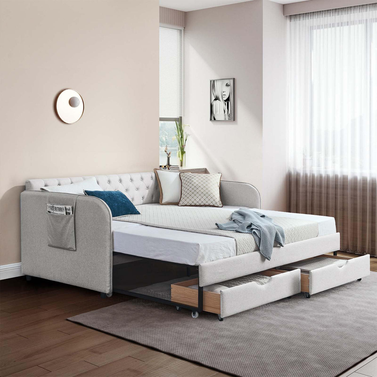 80.5" Button Tufted Linen Daybed with Drawer and Trundle T683
