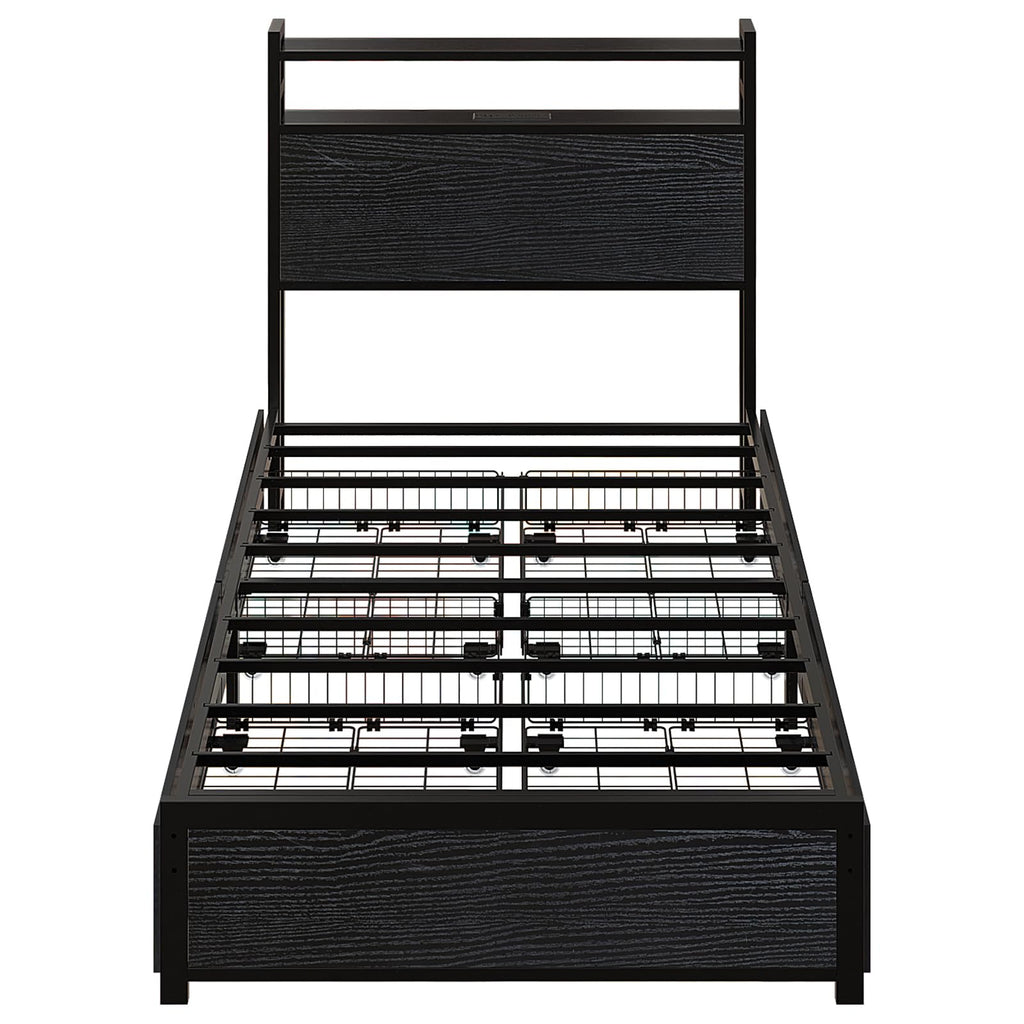 Black Twin Size Metal Bed Frame with 4 Drawers and Storage Headboard W61120