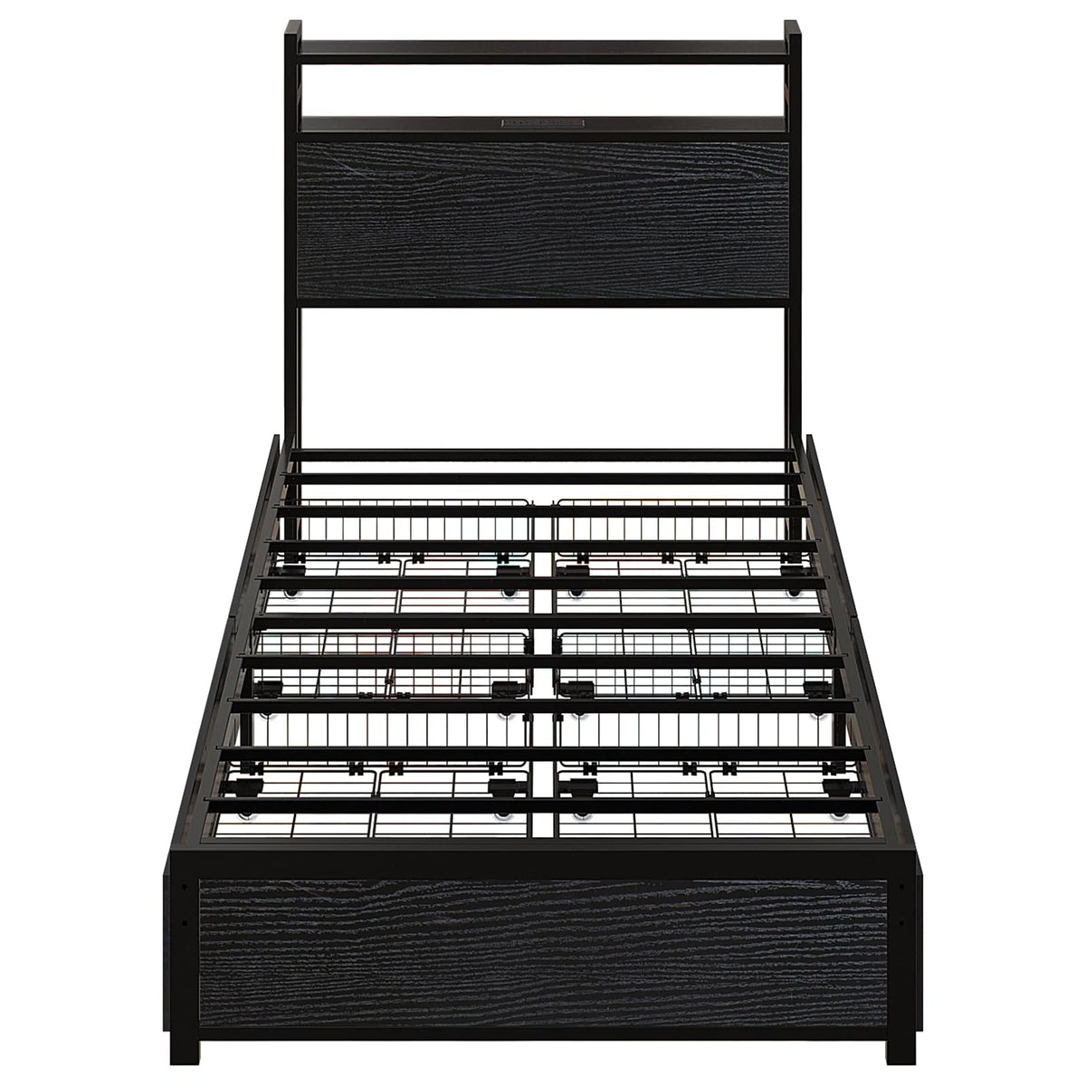 Black Twin Size Metal Bed Frame with 4 Drawers and Storage Headboard W61120
