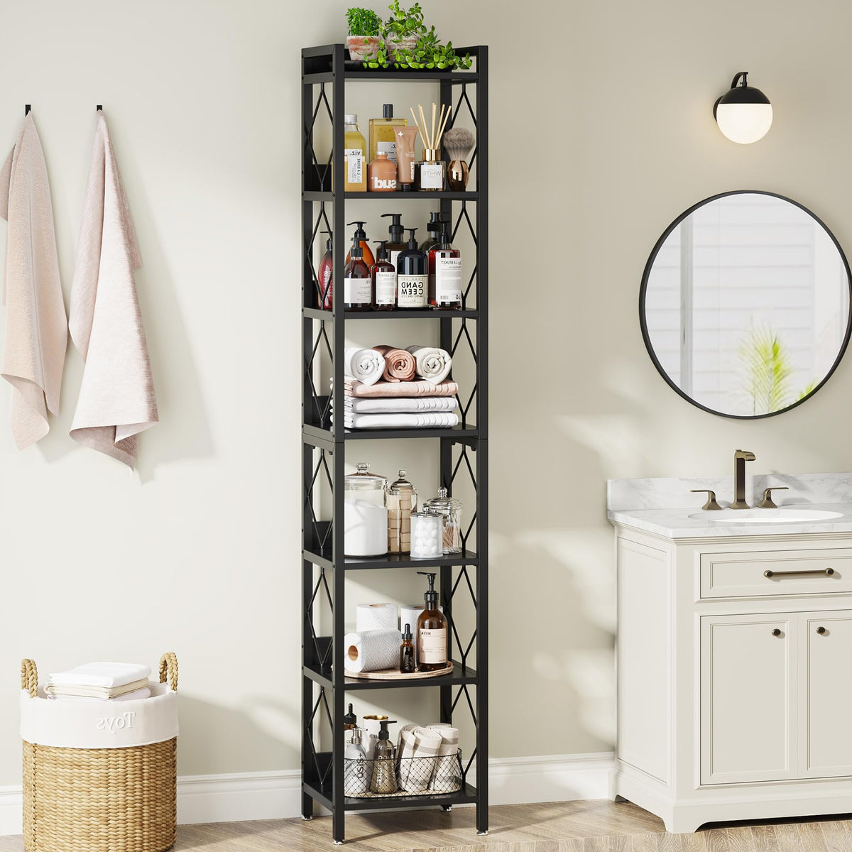 78.7 Inch Tall Skinny Narrow Black Bookshelf Bookcase Y9065