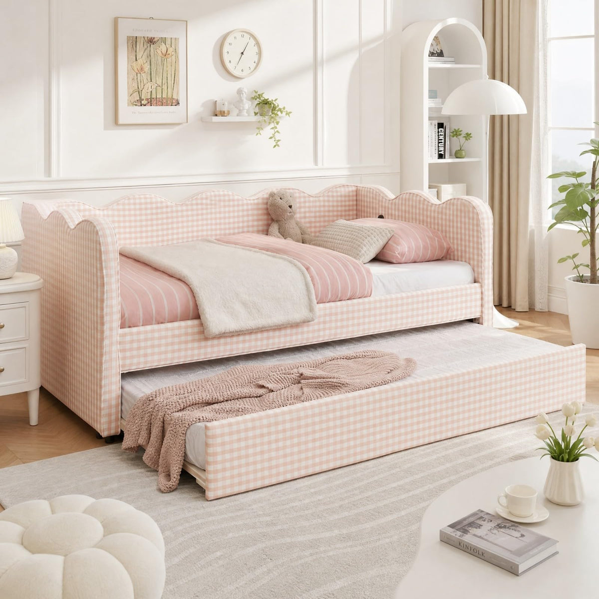 Pink Twin Size Linen Upholstered Daybed with Trundle L271895