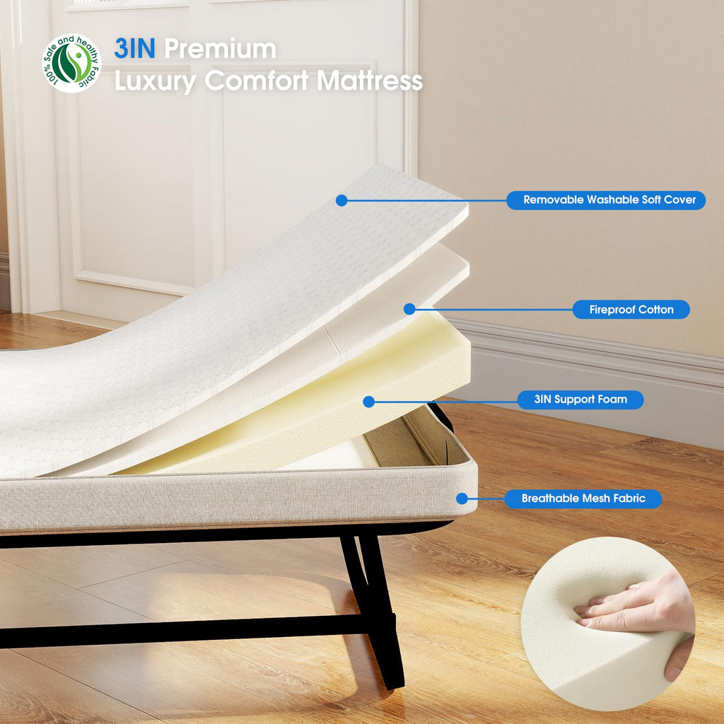 Folding Bed with Mattress, Memory Foam and Metal Frame, 75" x 31" N830