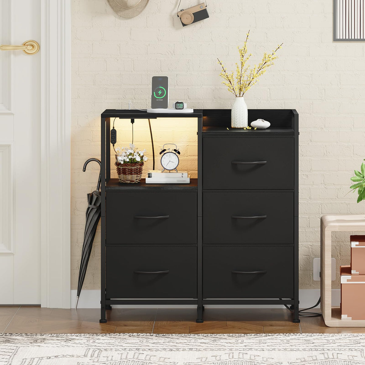 Wide 5 Drawer Nightstand with Charging Station & LED Light O334