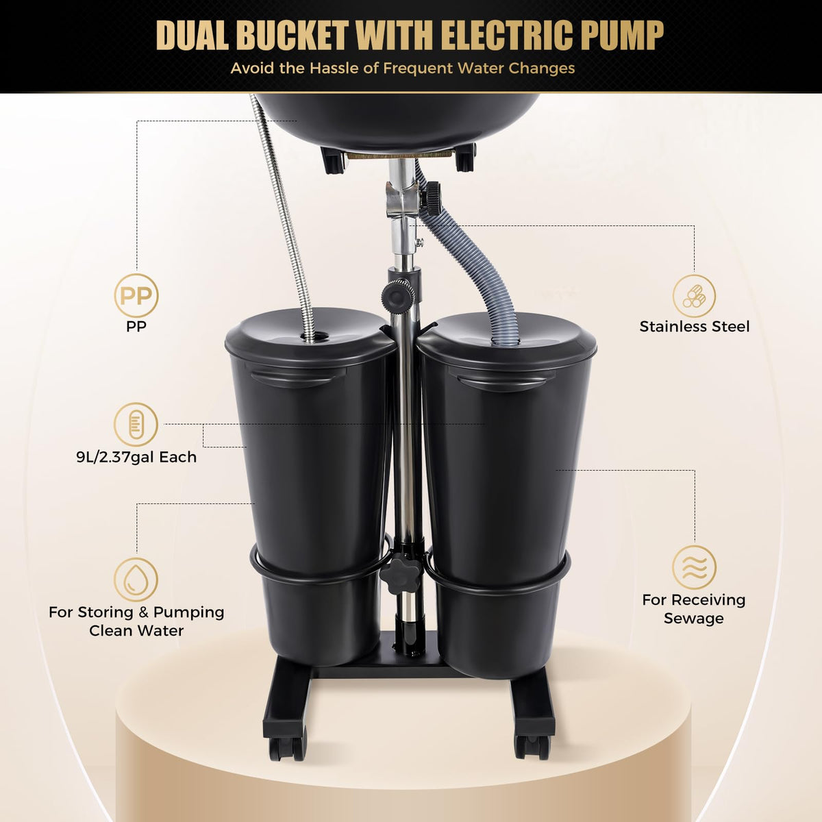 Portable Shampoo Bowl with Electric Pump, 2 Water Buckets, Height Adjustable B880461