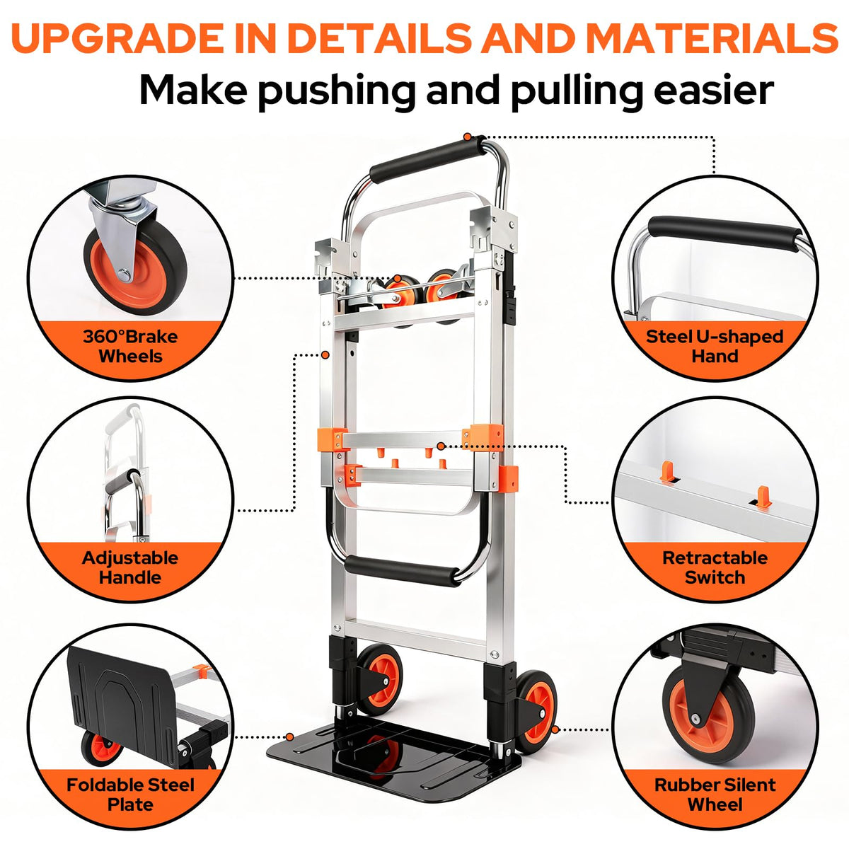 Folding Hand Truck Dolly Cart with Wheels, 500lb Load, Silver Orange J11192
