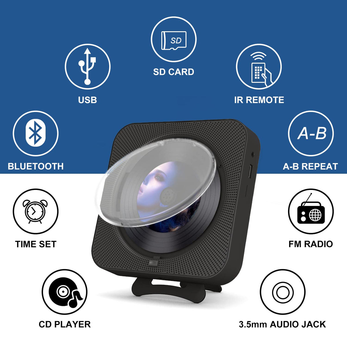 Portable CD Player with Bluetooth, Dual Speakers, LED Display, FM Radio, Black M9485