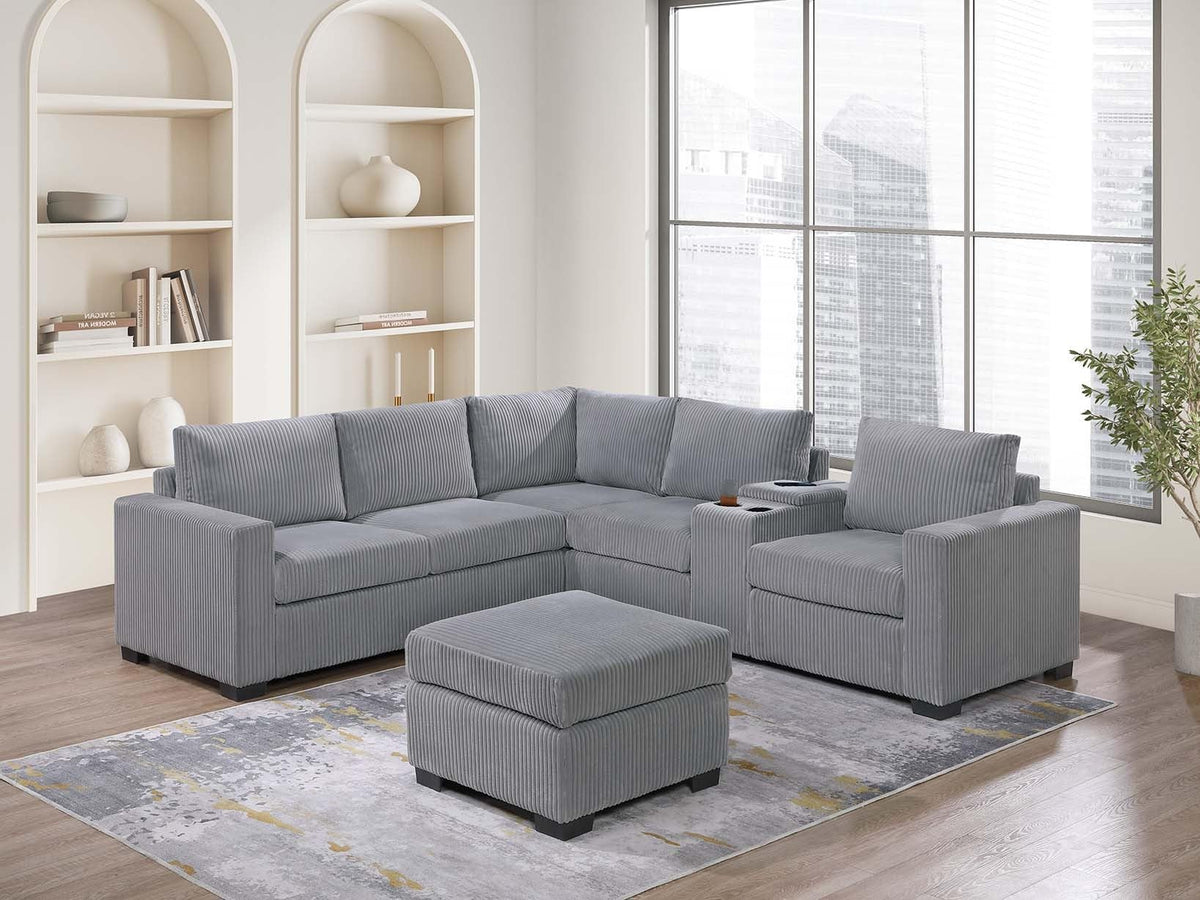 Light Gray 4pc Corduroy Sectional Sofa Set with Ottoman H663