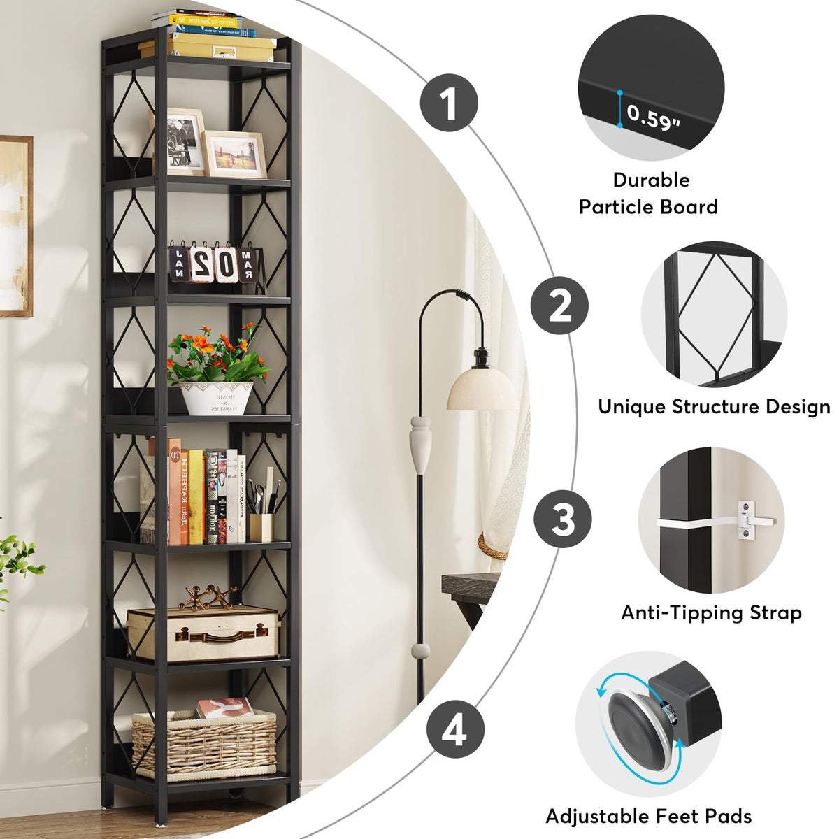 78.7 Inch Tall Skinny Narrow Black Bookshelf Bookcase Y9065