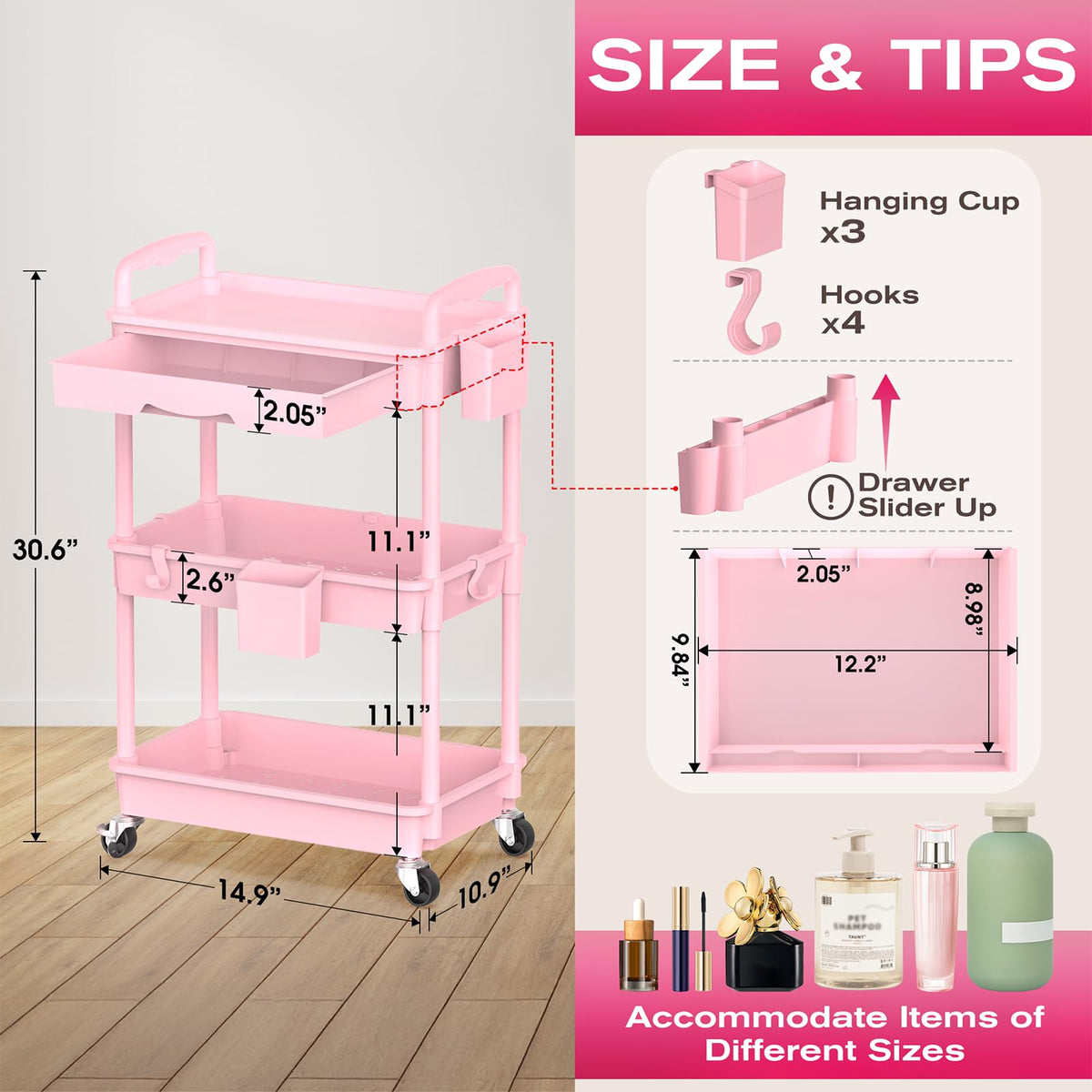 Pink 3 Tier Rolling Makeup Organizer Cart U593724