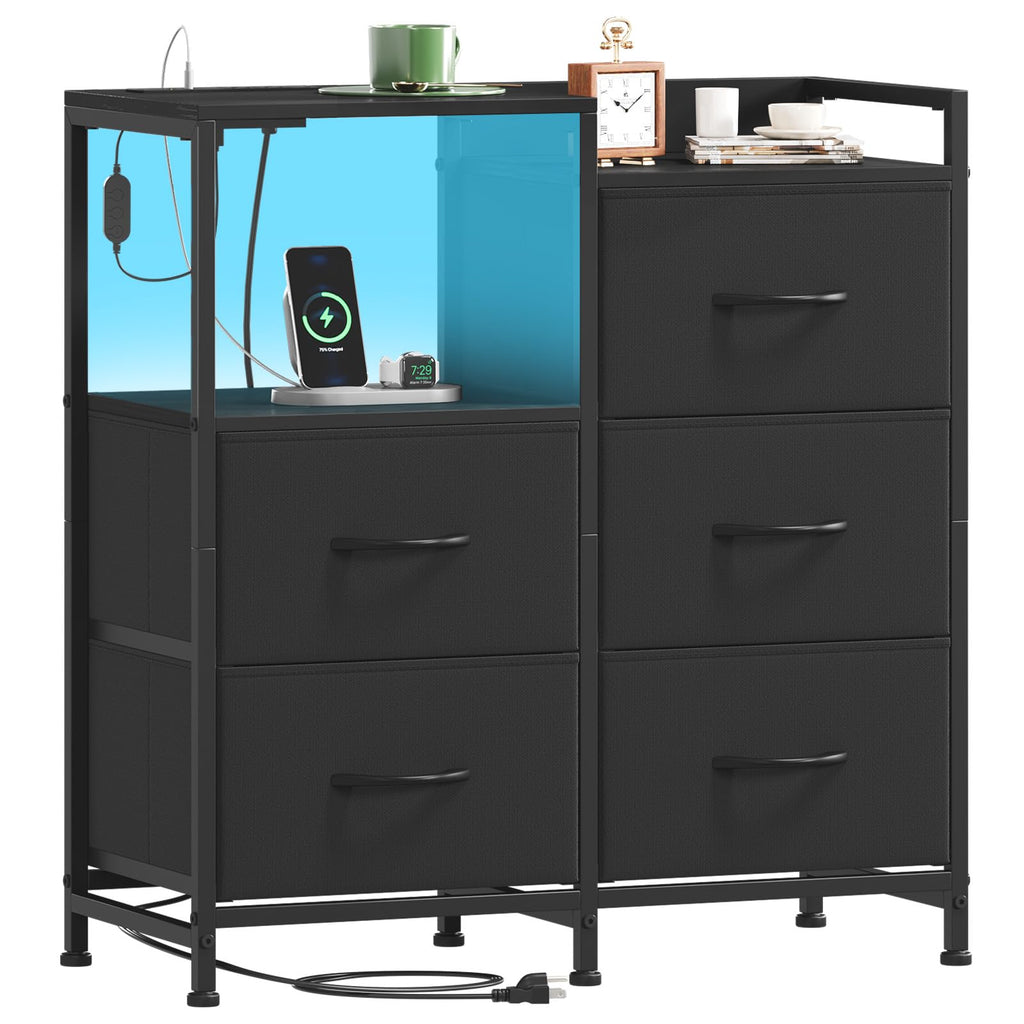 Wide 5 Drawer Nightstand with Charging Station & LED Light O334