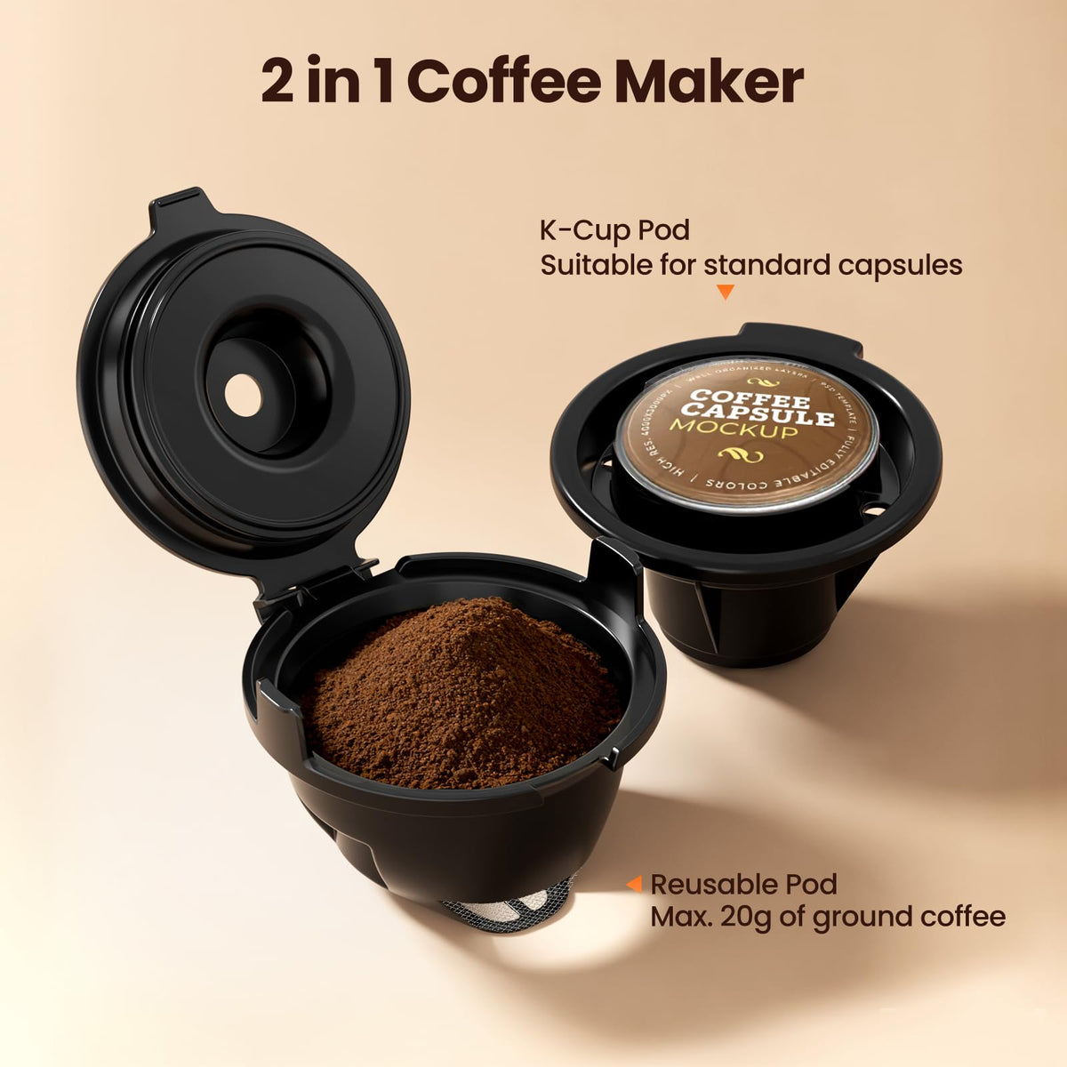 2 in 1 Single Serve Coffee Maker, Black Q5867