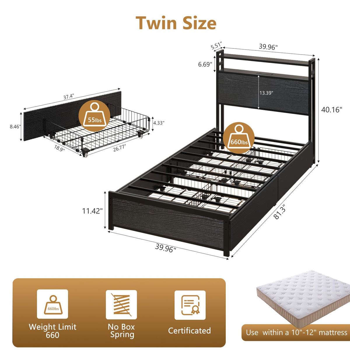 Black Twin Size Metal Bed Frame with 4 Drawers and Storage Headboard W61120