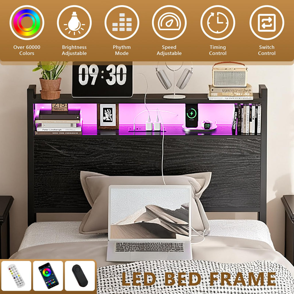 Black Twin Size Metal Bed Frame with 4 Drawers and Storage Headboard W61120