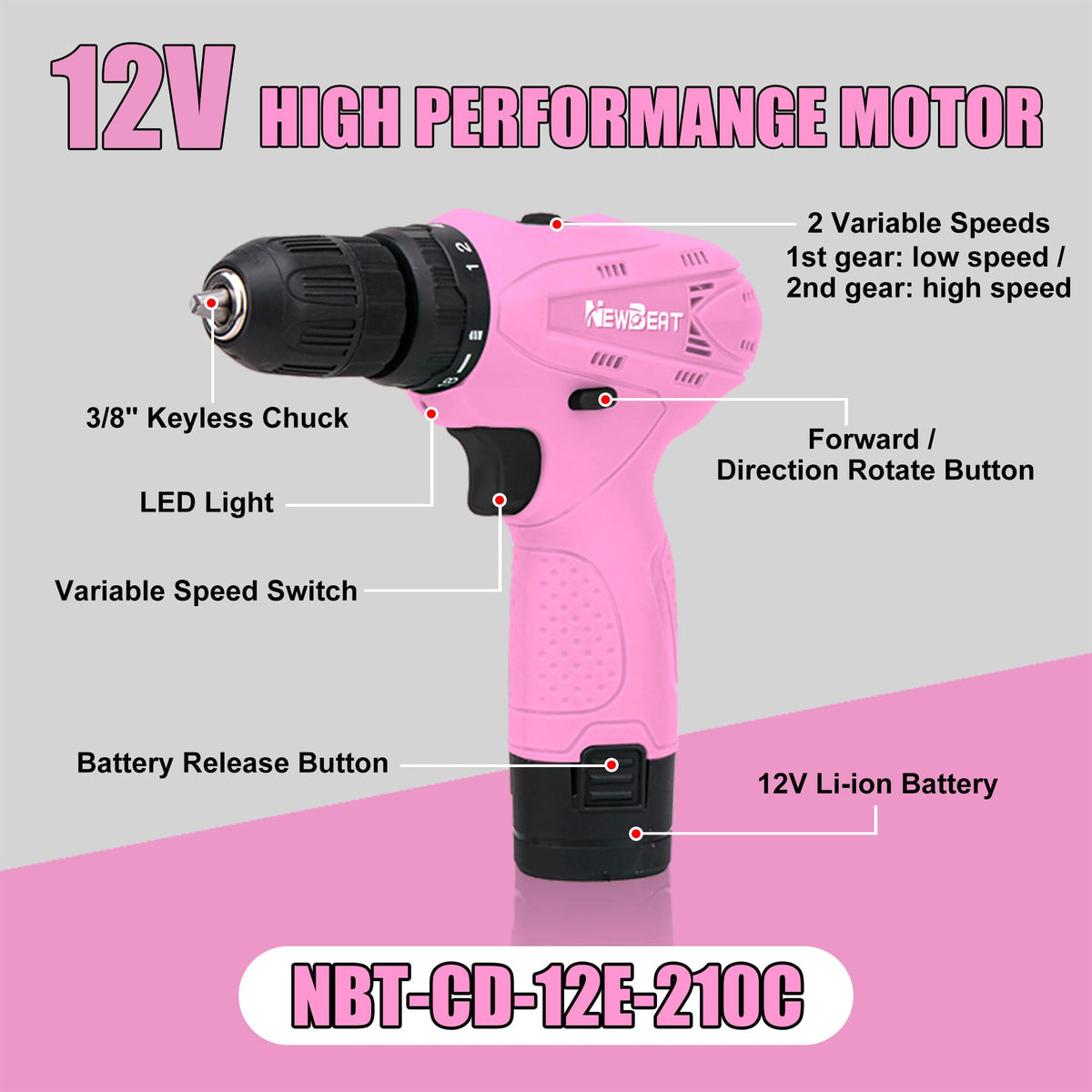 Pink 12V Cordless Drill Set with Battery and Charger J427