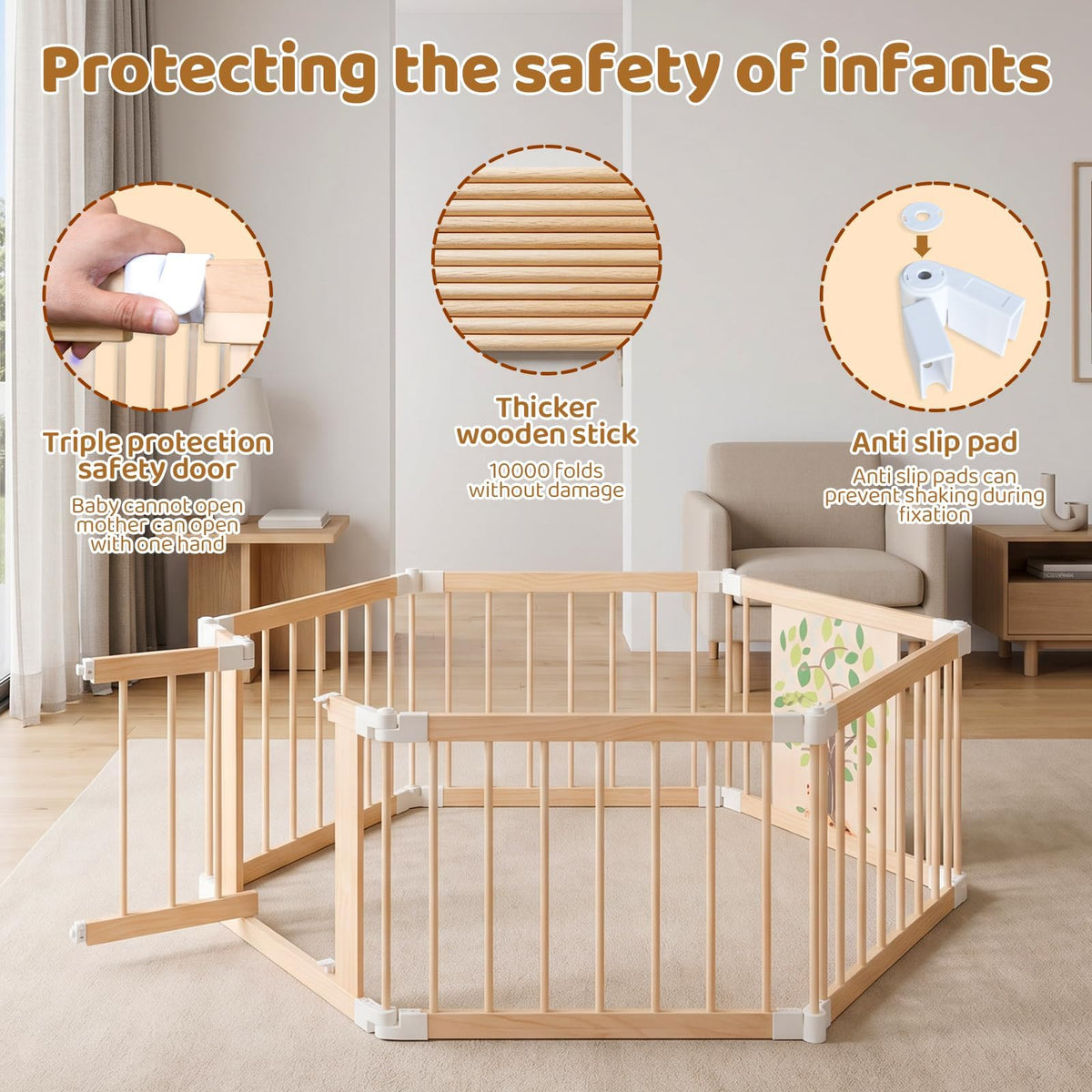 Foldable Wooden Baby Playpen with Adjustable Size and Shape E739
