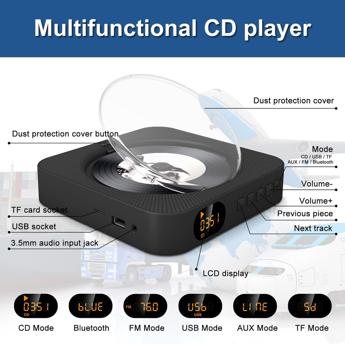 Portable CD Player with Bluetooth, Dual Speakers, LED Display, FM Radio, Black M9485