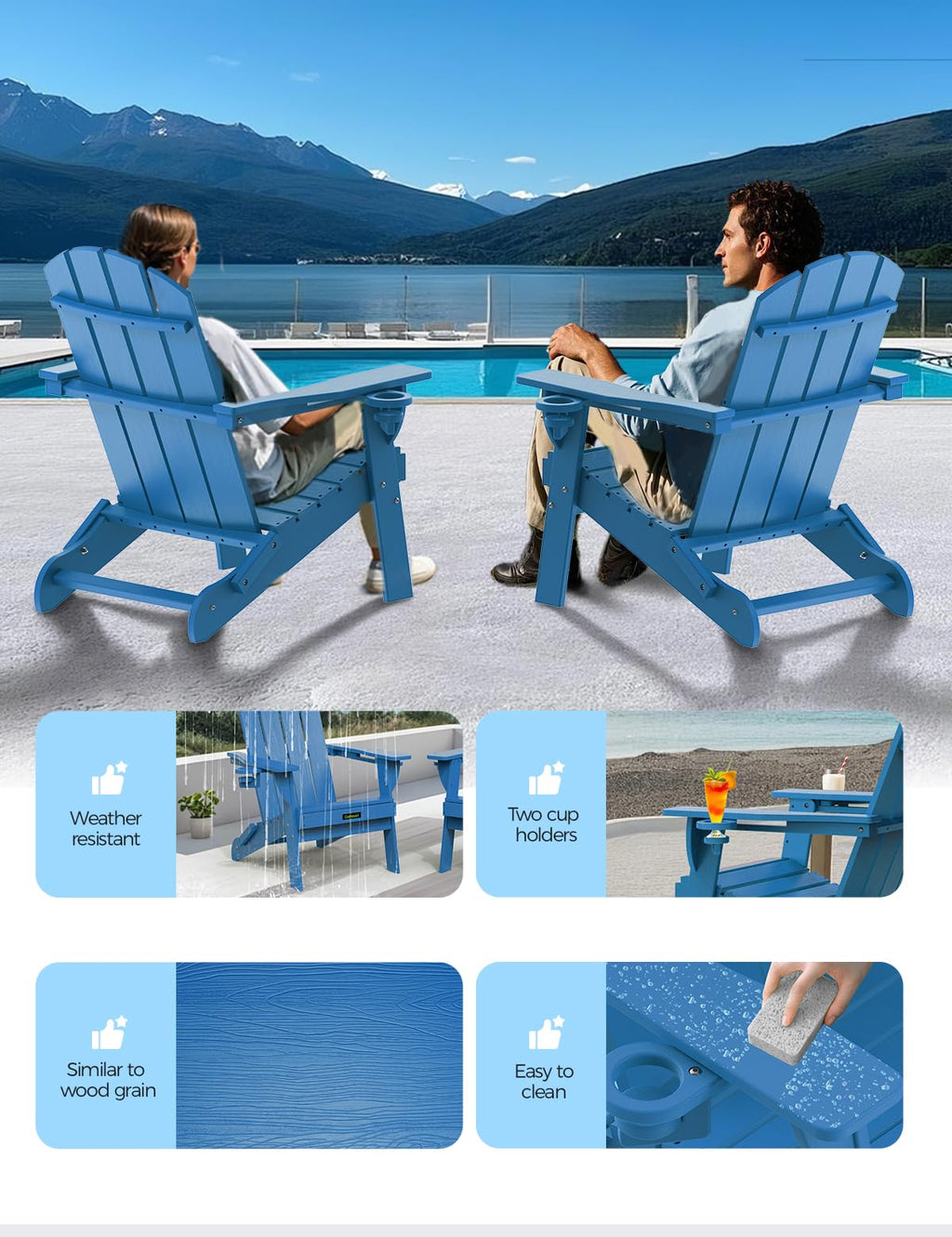 Folding Adirondack Chair with 2 Cup Holder Blue U543642