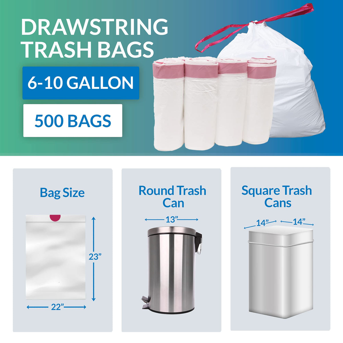 6-10 Gallon Drawstring Trash Bags 500 Count D25609