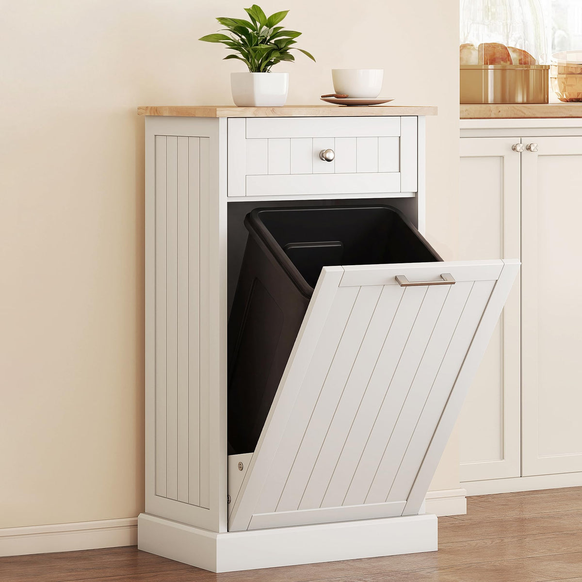 White Wooden 10 Gallon Tilt-Out Trash Cabinet with Drawer L96504
