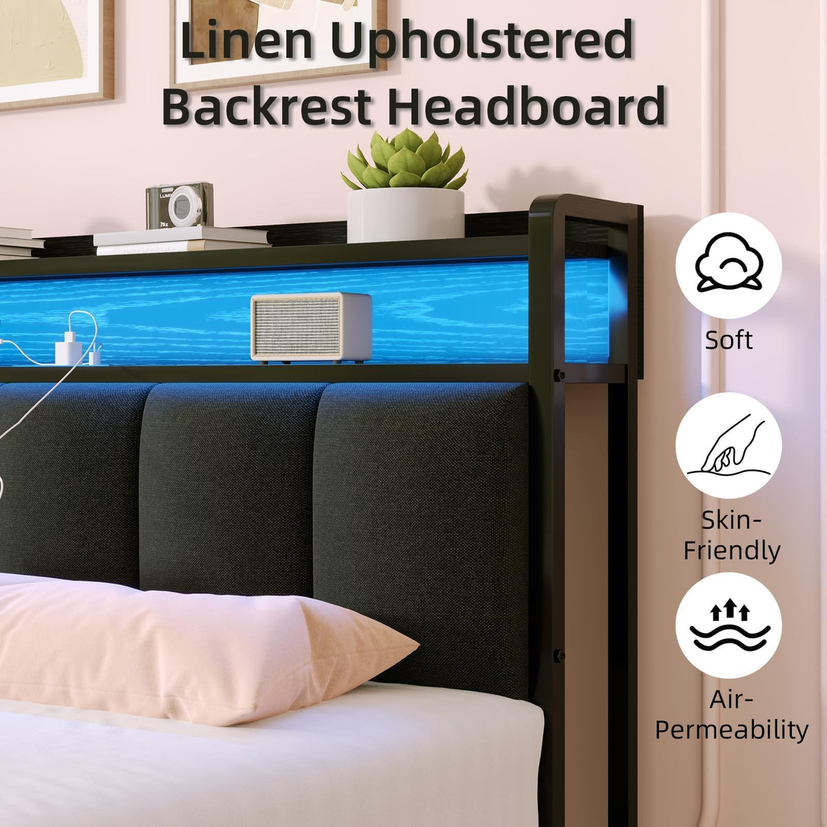 Dark Grey Twin Bed Frame with LED Lights and Charging Station F317142