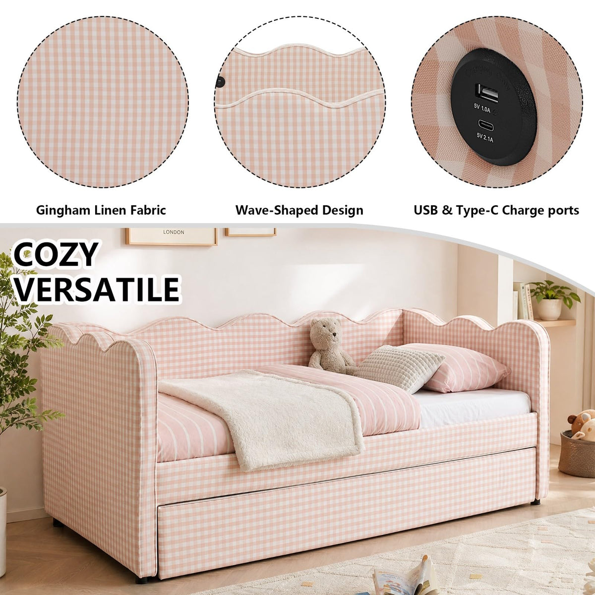 Pink Twin Size Linen Upholstered Daybed with Trundle L271895
