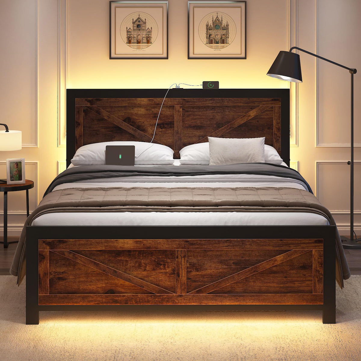 King Size Led Bed Frame with USB Charging Station Q390