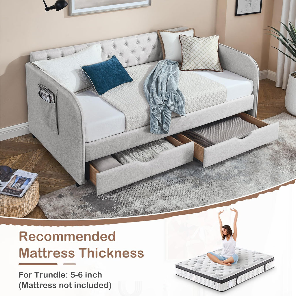 80.5" Button Tufted Linen Daybed with Drawer and Trundle T683