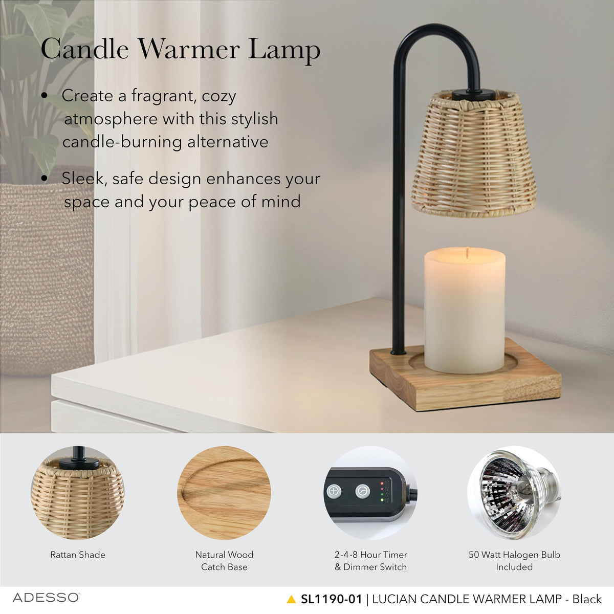 Candle Warmer Lamp, Antique Brass & Ribbed Glass, Dimmable J849