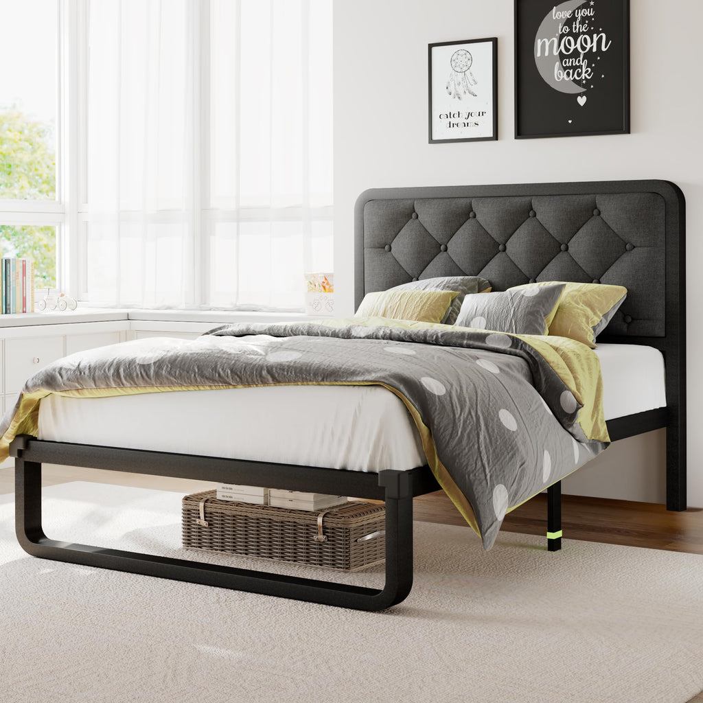 Twin Metal Platform Bed Frame with Linen Upholstered Headboard G3103