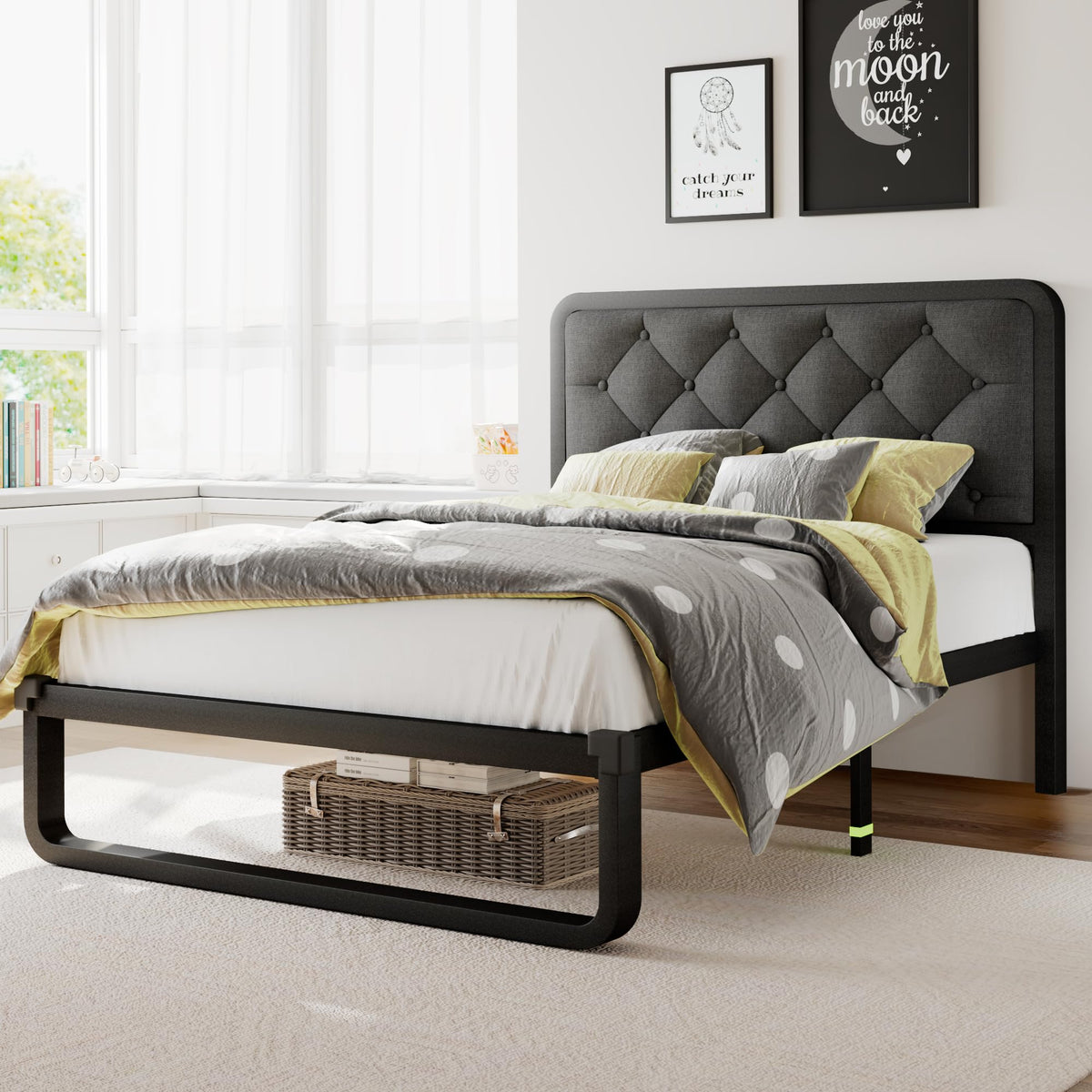 Twin Metal Platform Bed Frame with Linen Upholstered Headboard G3103