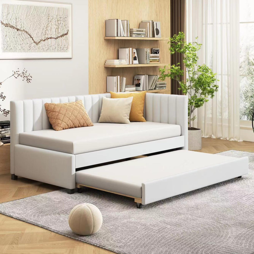 Beige Linen Upholstered Daybed with Trundle Twin Size R92542