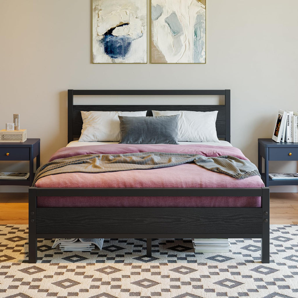 Black Full Size Bed Frame with Wood Headboard and Storage M1514
