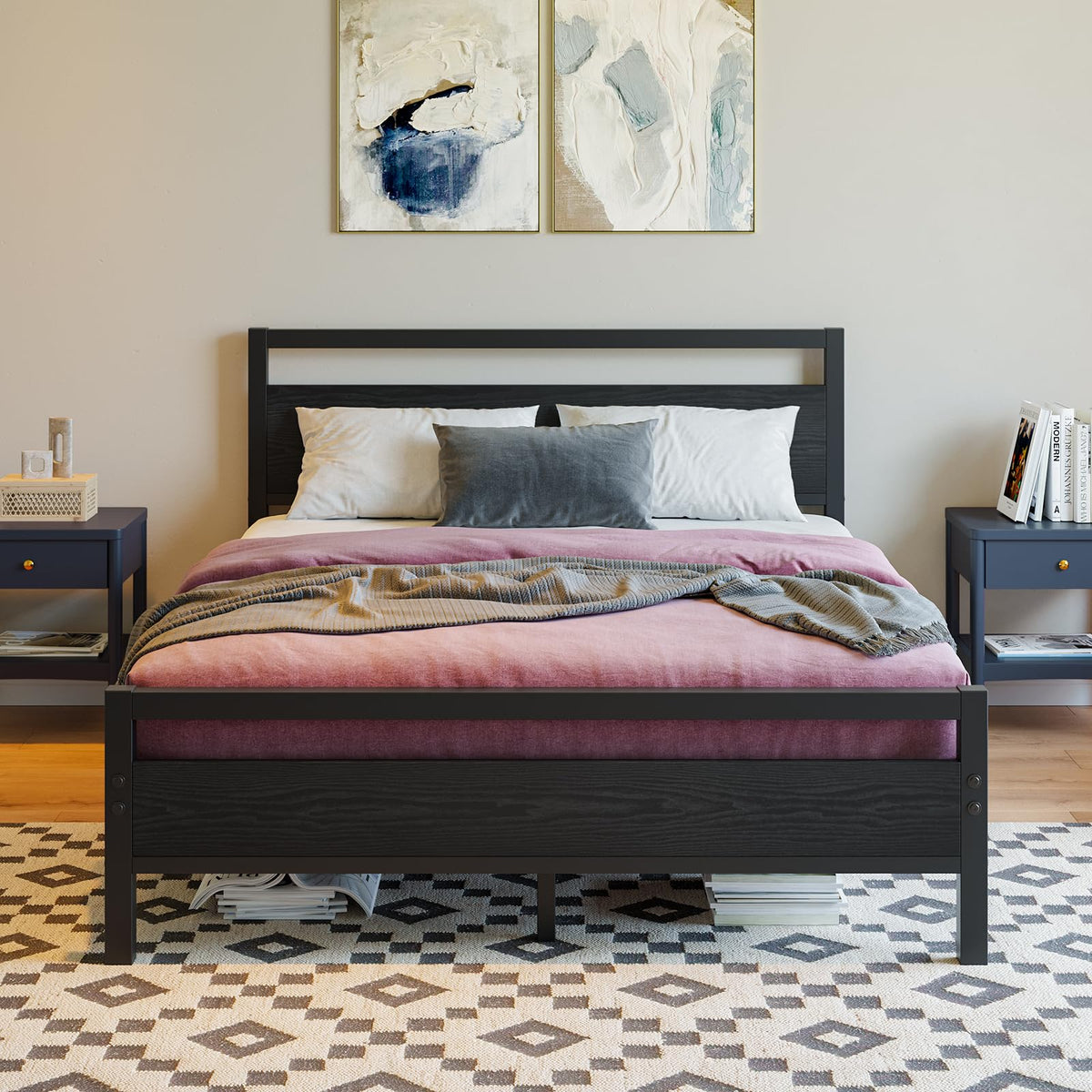 Black Full Size Bed Frame with Wood Headboard and Storage M1514