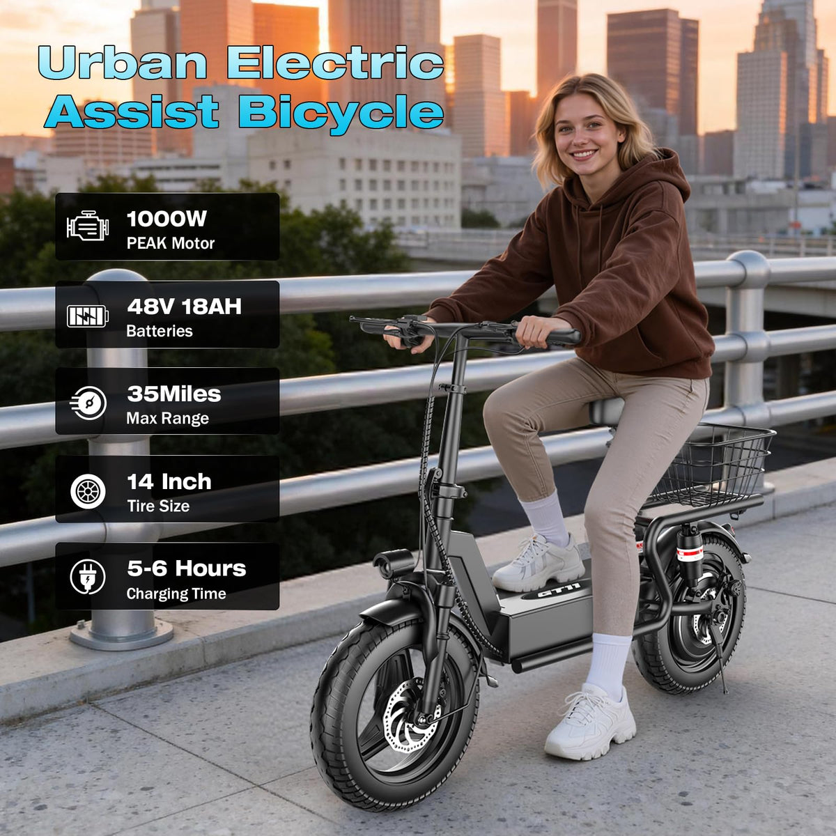 Electric Scooter with Seat, 1000W Peak Motor, 25 MPH, 14" Pneumatic Tires X60705