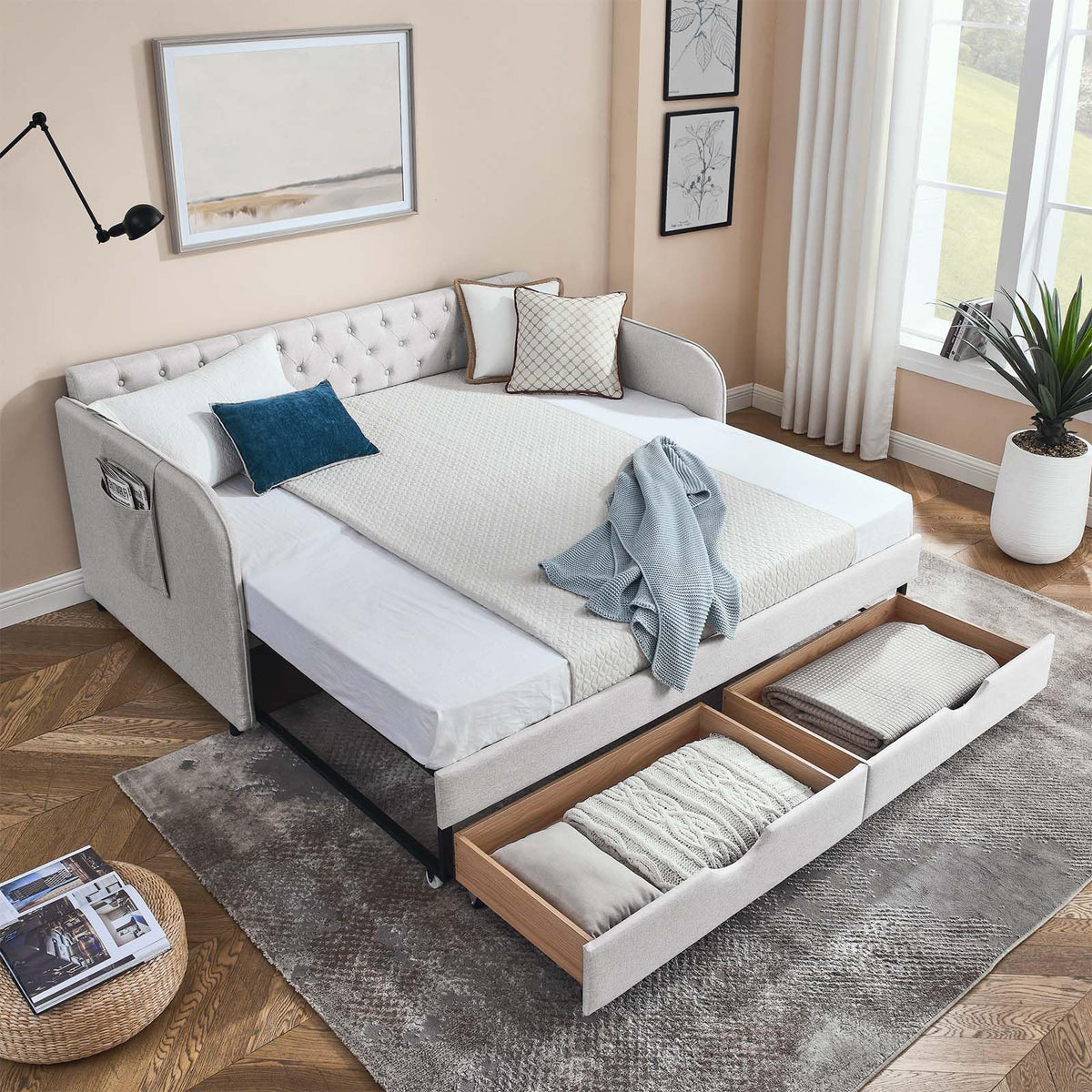 80.5" Button Tufted Linen Daybed with Drawer and Trundle T683