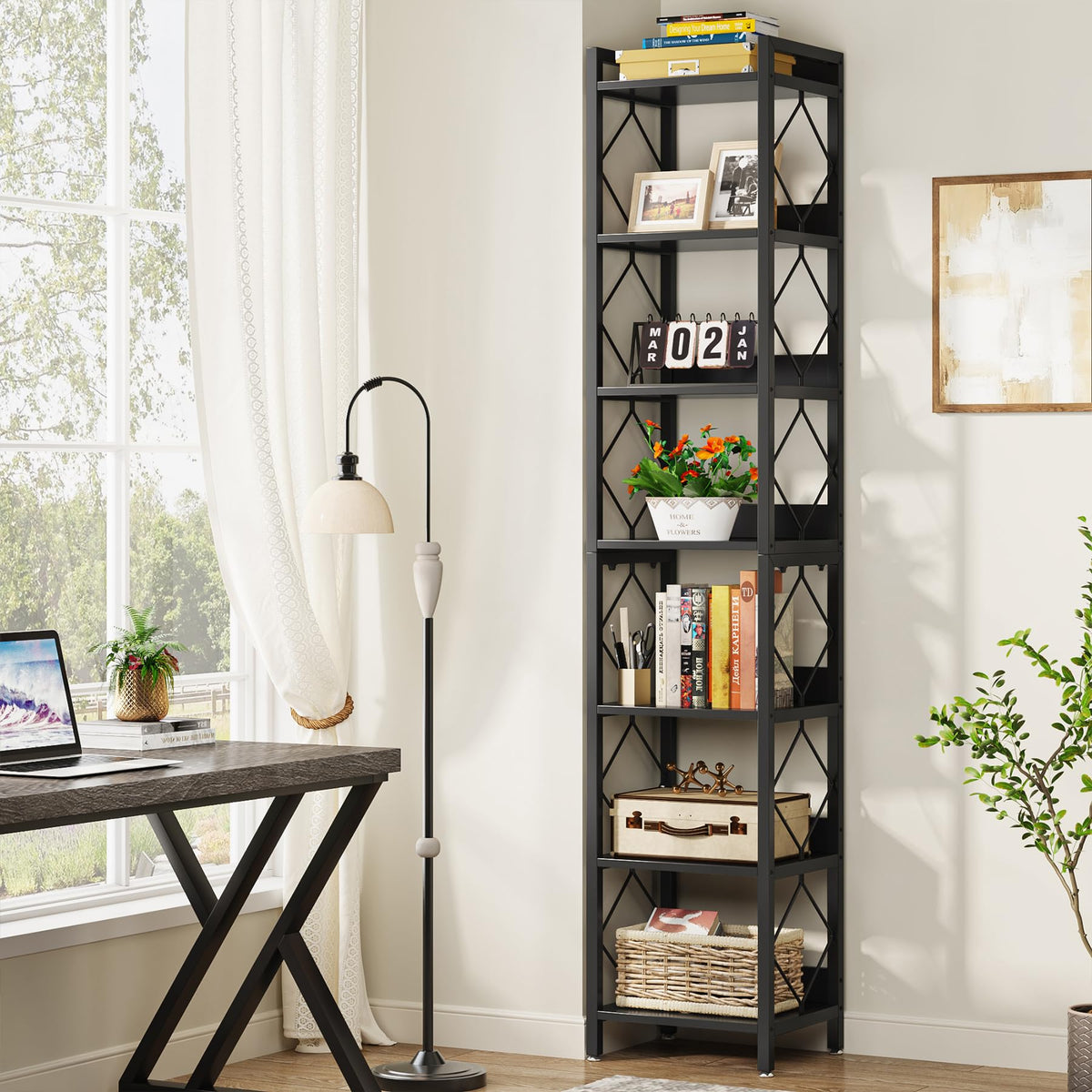 78.7 Inch Tall Skinny Narrow Black Bookshelf Bookcase Y9065