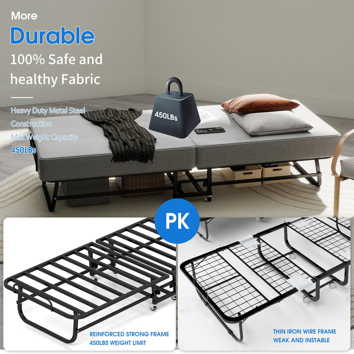 Folding Bed with Mattress, Memory Foam and Metal Frame, 75" x 31" N830