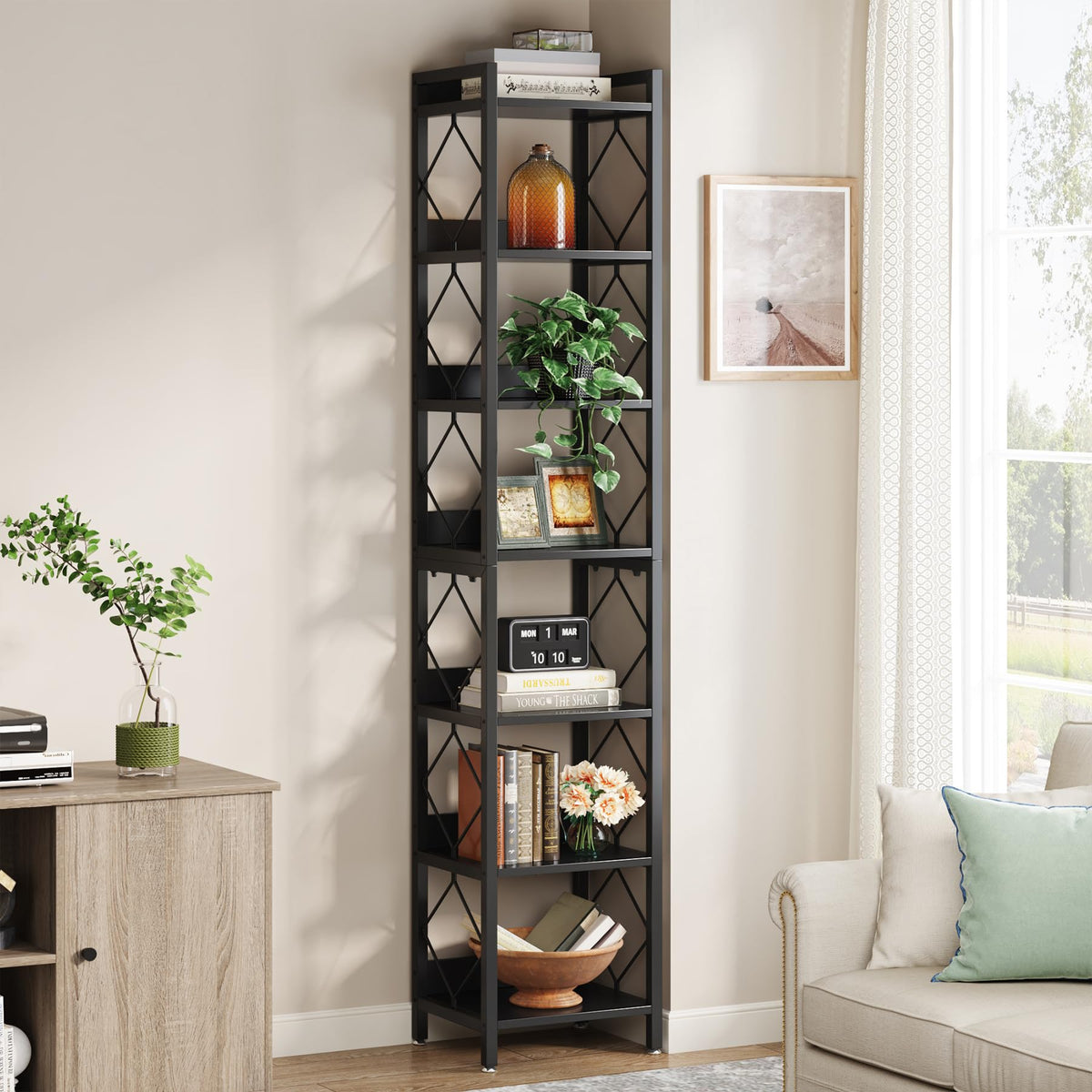 78.7 Inch Tall Skinny Narrow Black Bookshelf Bookcase Y9065