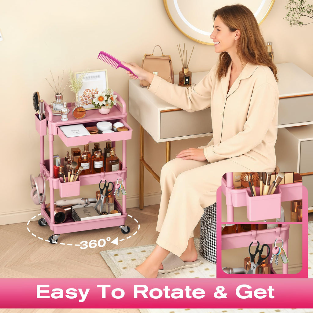 Pink 3 Tier Rolling Makeup Organizer Cart U593724