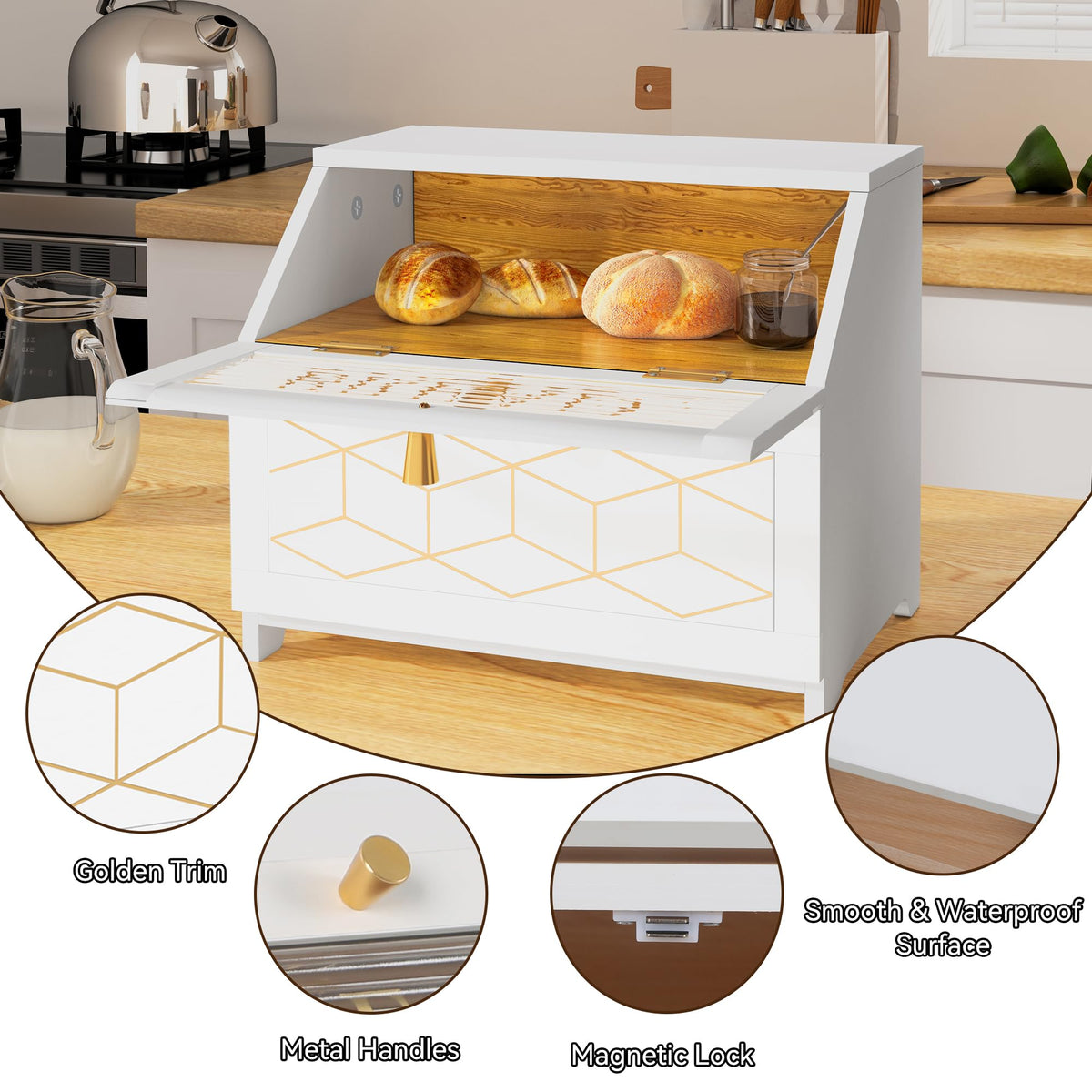 Double Layer Wooden Bread Box with Golden Trim S634863