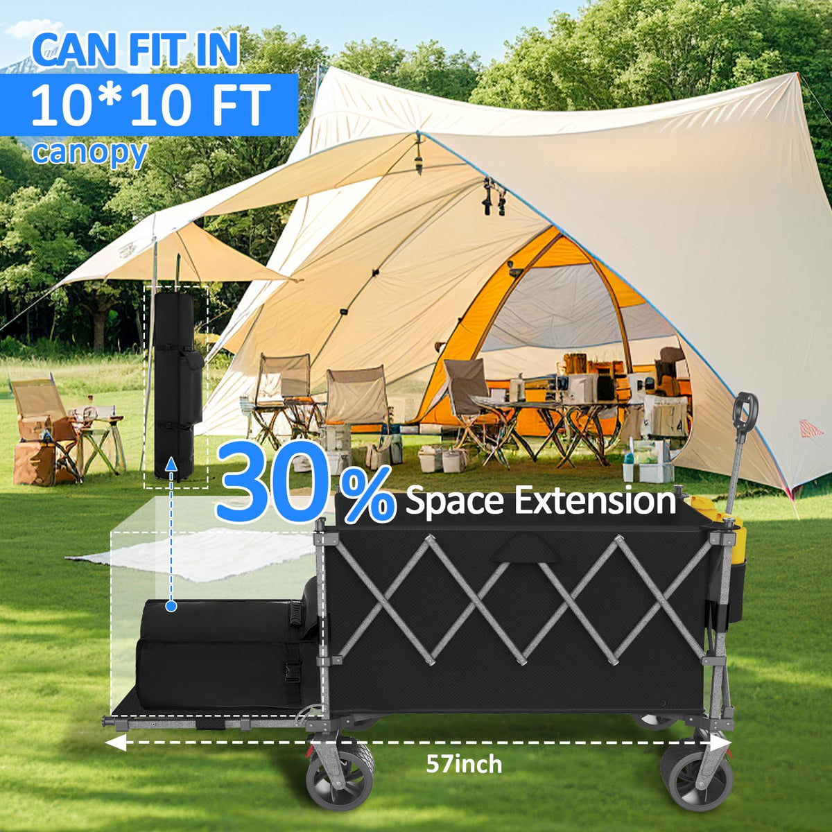 57" L Collapsible Foldable Wagon with Tailgate & Brake, 500LBS Heavy Duty Beach Wagons with All-Terrain Big Wheels, 300L Folding Utility Cart (Black) U75027