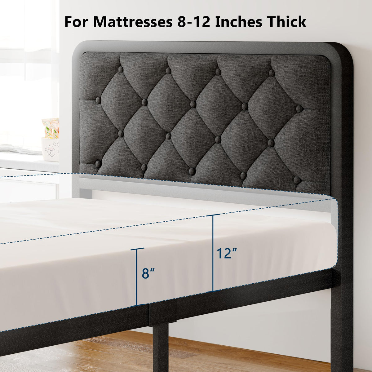 Twin Metal Platform Bed Frame with Linen Upholstered Headboard G3103