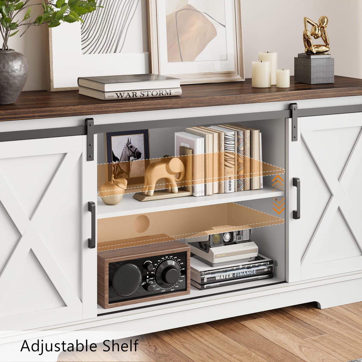 White Farmhouse TV Stand with Sliding Barn Doors and Adjustable Shelf U957