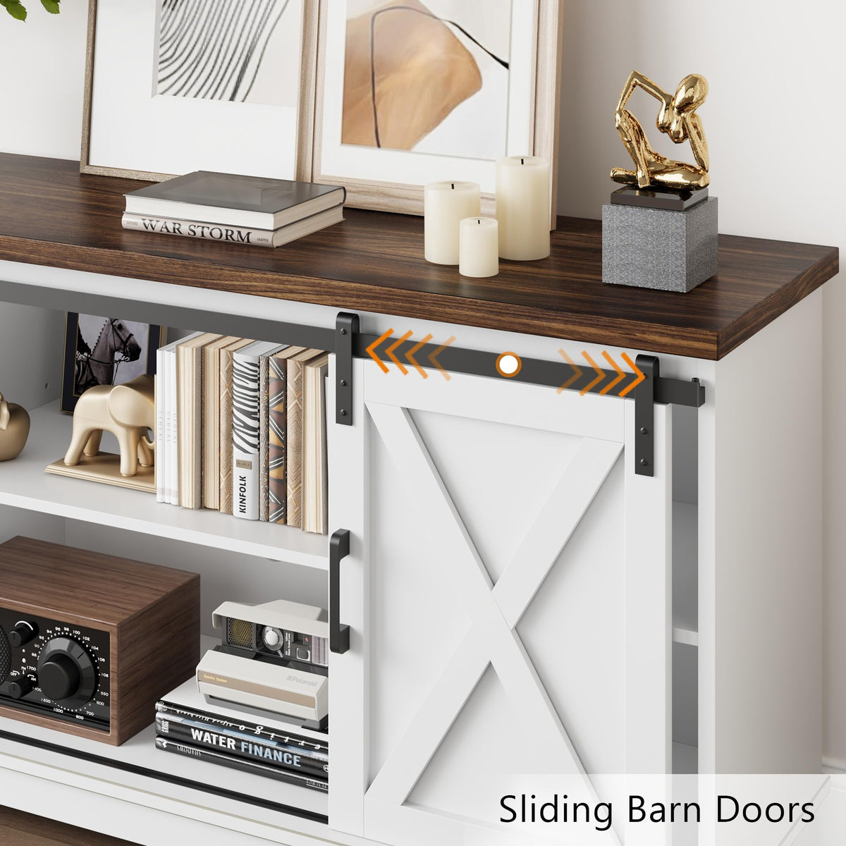 White Farmhouse TV Stand with Sliding Barn Doors and Adjustable Shelf U957
