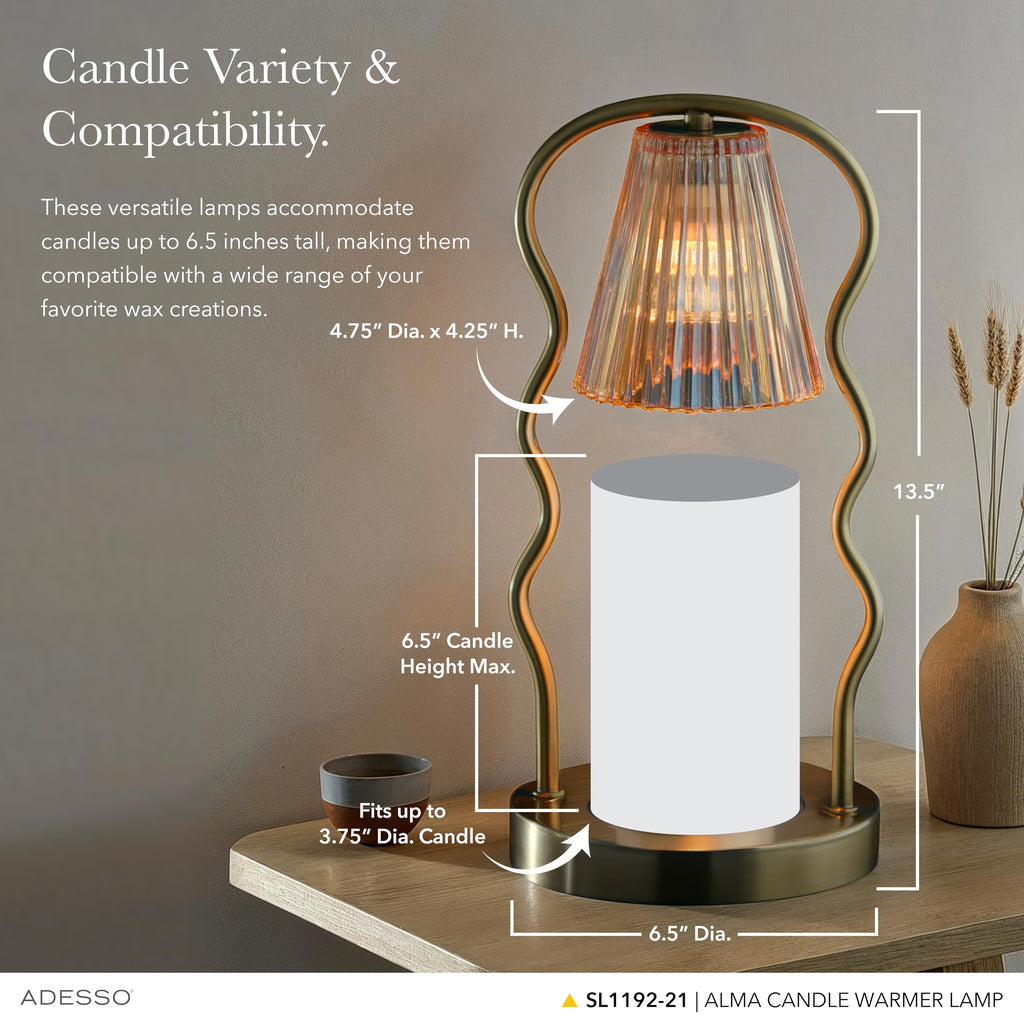 Candle Warmer Lamp, Antique Brass & Ribbed Glass, Dimmable J849