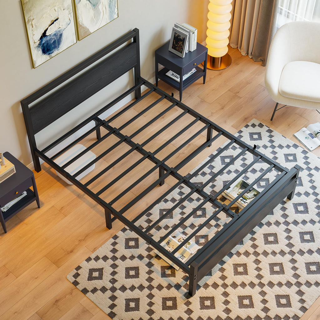 Black Full Size Bed Frame with Wood Headboard and Storage M1514