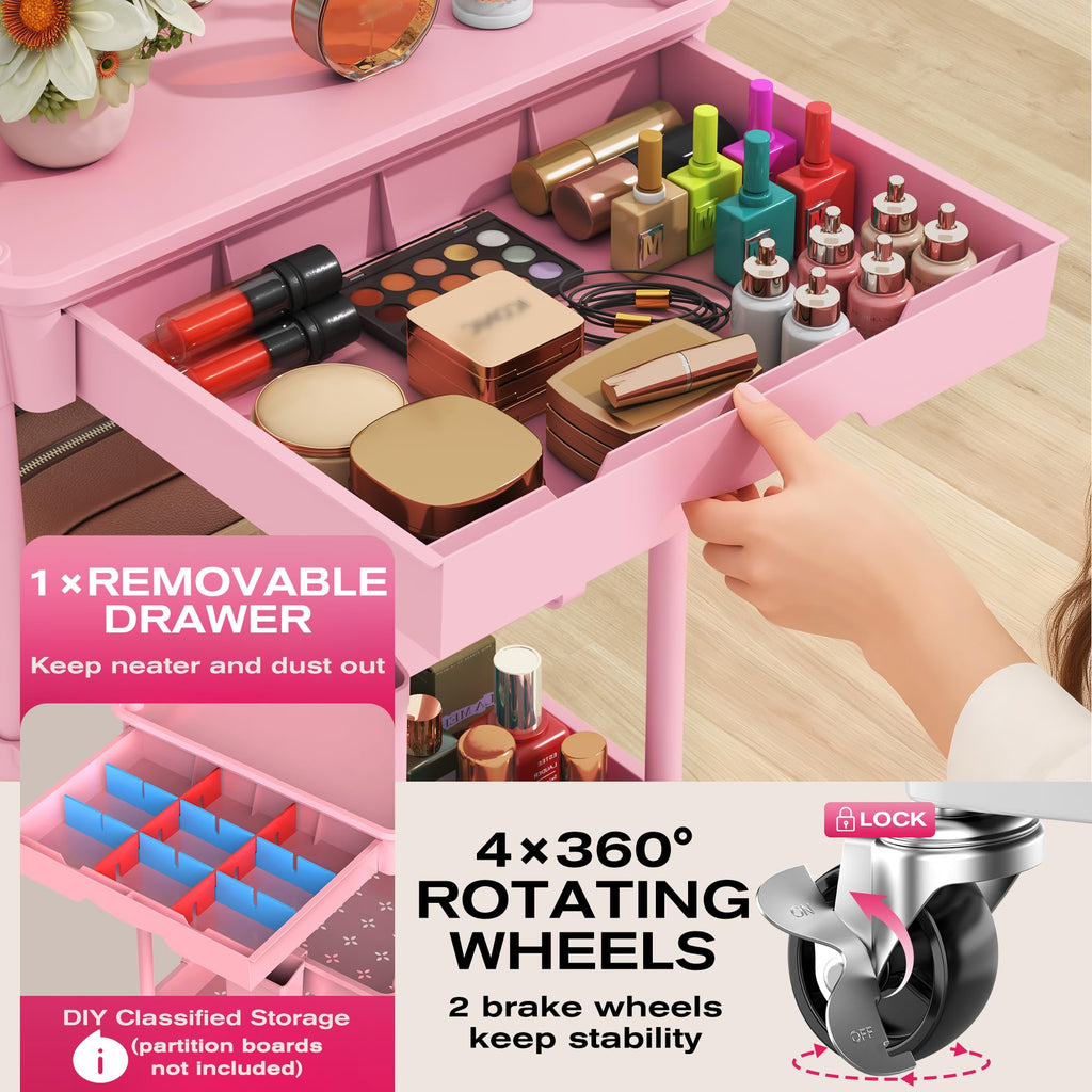 Pink 3 Tier Rolling Makeup Organizer Cart U593724